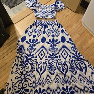 Blue and White Patterned Two-Piece Set